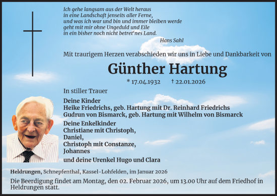 Traueranzeige von Günther Hartung von Thüringer Allgemeine