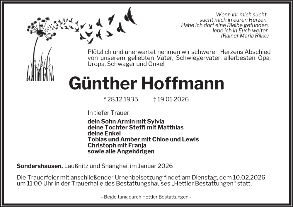  Traueranzeige für Günther Hoffmann vom 31.01.2026 aus Thüringer Allgemeine