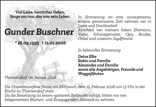 Traueranzeige von Gunder Buschner von Ostthüringer Zeitung