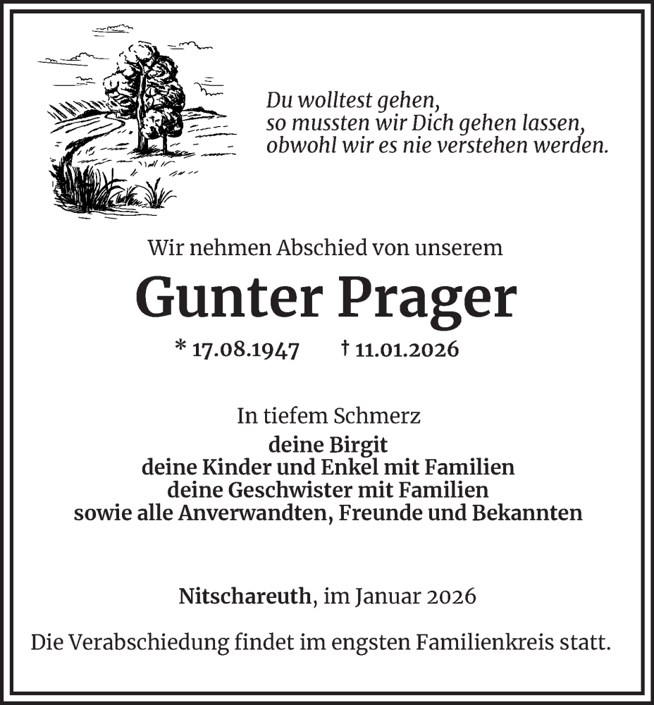  Traueranzeige für Gunter Prager vom 16.01.2026 aus Ostthüringer Zeitung