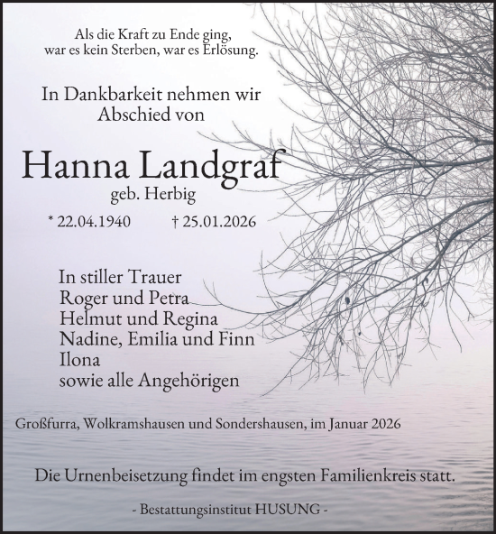 Traueranzeige von Hanna Landgraf von Thüringer Allgemeine