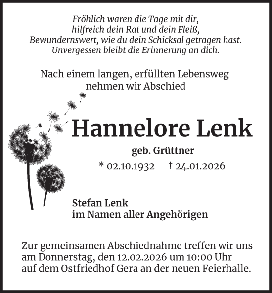 Traueranzeige von Hannelore Lenk von Ostthüringer Zeitung