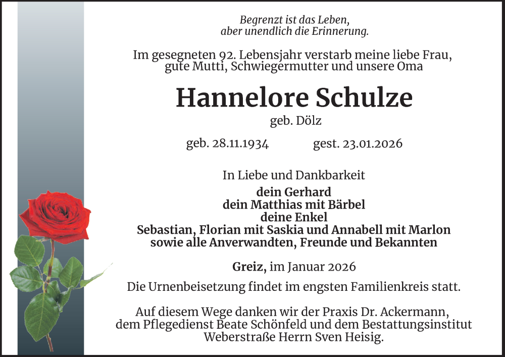  Traueranzeige für Hannelore Schulze vom 30.01.2026 aus Ostthüringer Zeitung