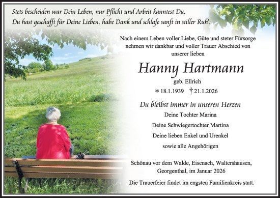 Traueranzeige von Hanny Hartmann von Thüringer Allgemeine, Thüringische Landeszeitung