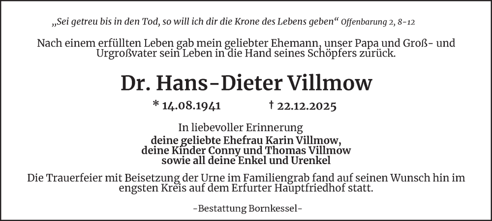  Traueranzeige für Hans-Dieter Villmow vom 17.01.2026 aus Thüringer Allgemeine, Thüringische Landeszeitung