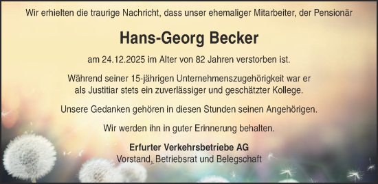Traueranzeige von Hans-Georg Becker von Thüringer Allgemeine, Thüringische Landeszeitung