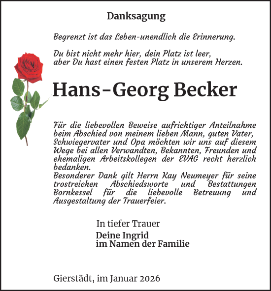 Traueranzeige von Hans-Georg Becker von Thüringer Allgemeine, Thüringische Landeszeitung