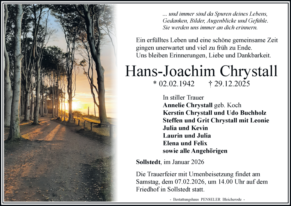  Traueranzeige für Hans-Joachim Chrystall vom 31.01.2026 aus Thüringer Allgemeine