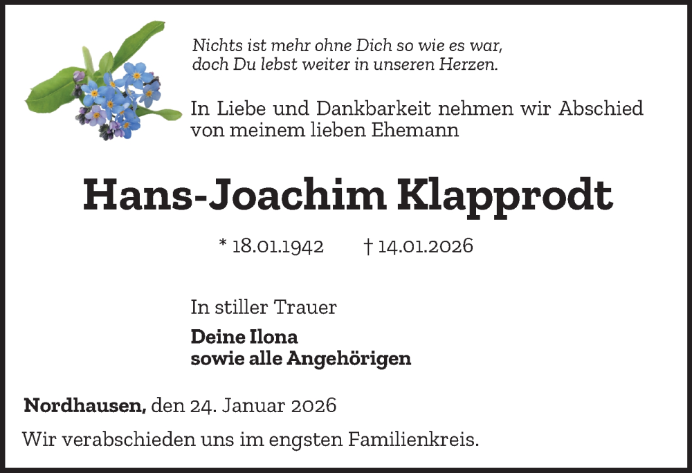  Traueranzeige für Hans-Joachim Klapprodt vom 24.01.2026 aus Thüringer Allgemeine