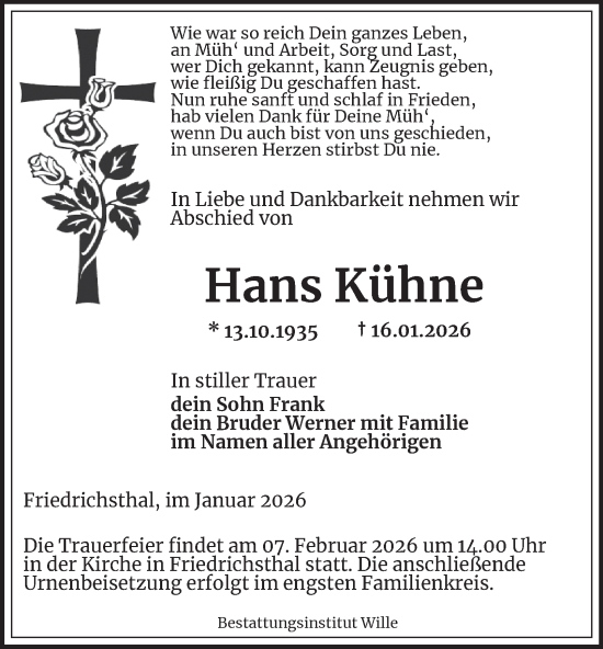 Traueranzeige von Hans Kühne von Thüringer Allgemeine