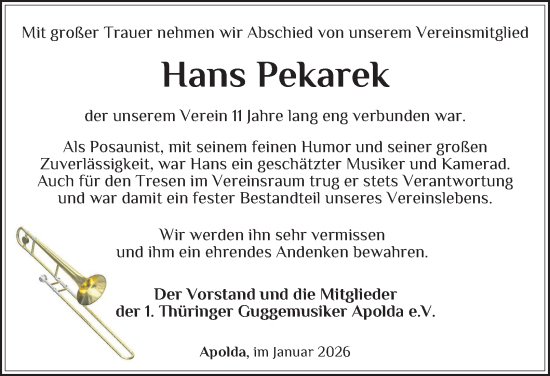Traueranzeige von Hans Pekarek von Thüringer Allgemeine, Thüringische Landeszeitung