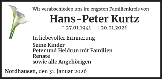 Traueranzeige von Hans-Peter Kurtz von Thüringer Allgemeine