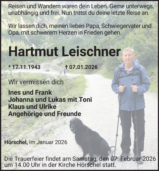 Traueranzeige von Hartmut Leischner von Thüringer Allgemeine, Thüringische Landeszeitung