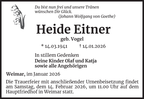 Traueranzeige von Heide Eitner von Thüringer Allgemeine, Thüringische Landeszeitung