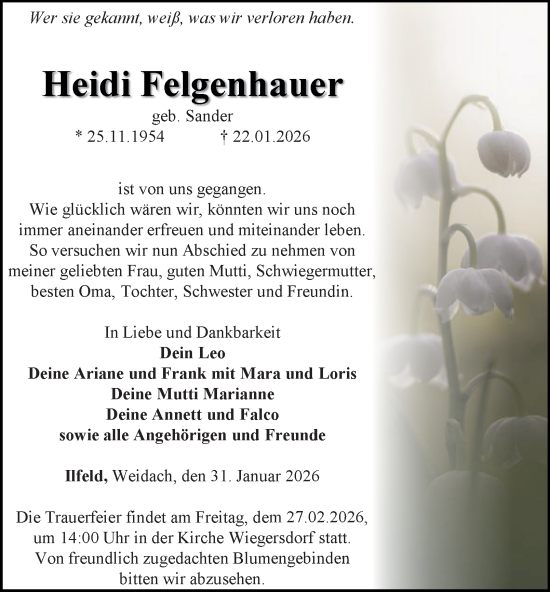 Traueranzeige von Heidi Felgenhauer von Thüringer Allgemeine
