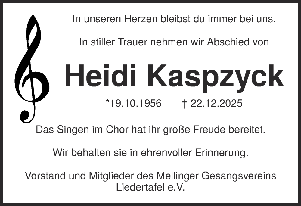  Traueranzeige für Heidi Kaspzyck vom 24.01.2026 aus Thüringer Allgemeine, Thüringische Landeszeitung