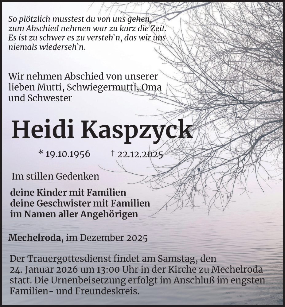  Traueranzeige für Heidi Kaspzyck vom 17.01.2026 aus Thüringer Allgemeine, Thüringische Landeszeitung