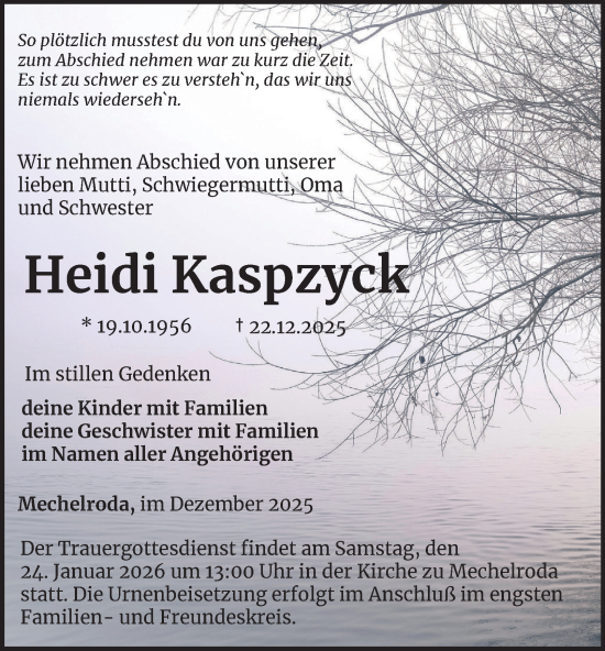 Traueranzeige von Heidi Kaspzyck von Thüringer Allgemeine, Thüringische Landeszeitung