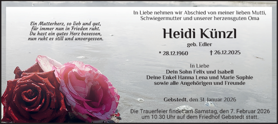 Traueranzeige von Heidi Künzl von Thüringer Allgemeine, Thüringische Landeszeitung