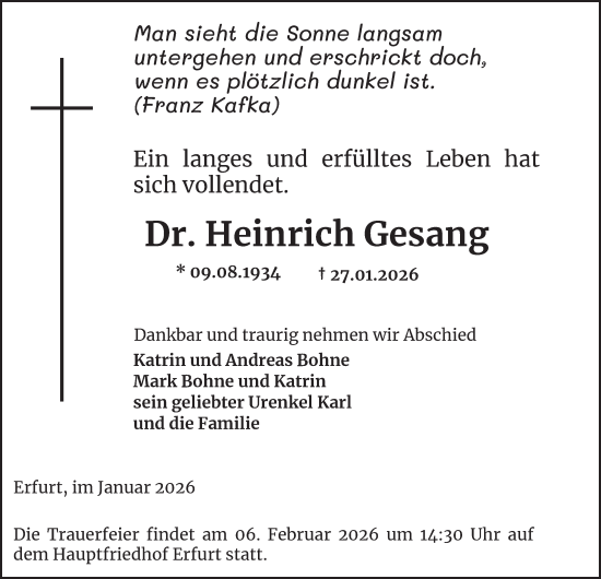 Traueranzeige von Heinrich Gesang von Thüringer Allgemeine, Thüringische Landeszeitung