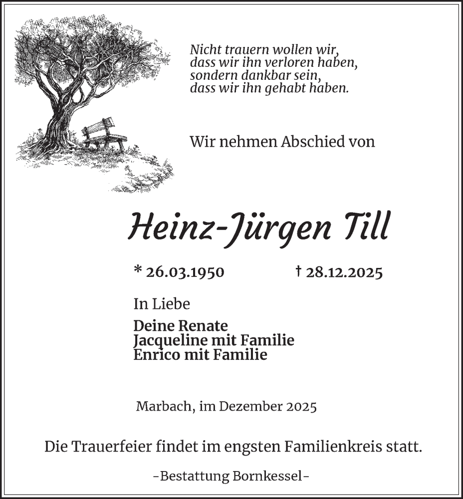  Traueranzeige für Heinz-Jürgen Till vom 10.01.2026 aus Thüringer Allgemeine, Thüringische Landeszeitung