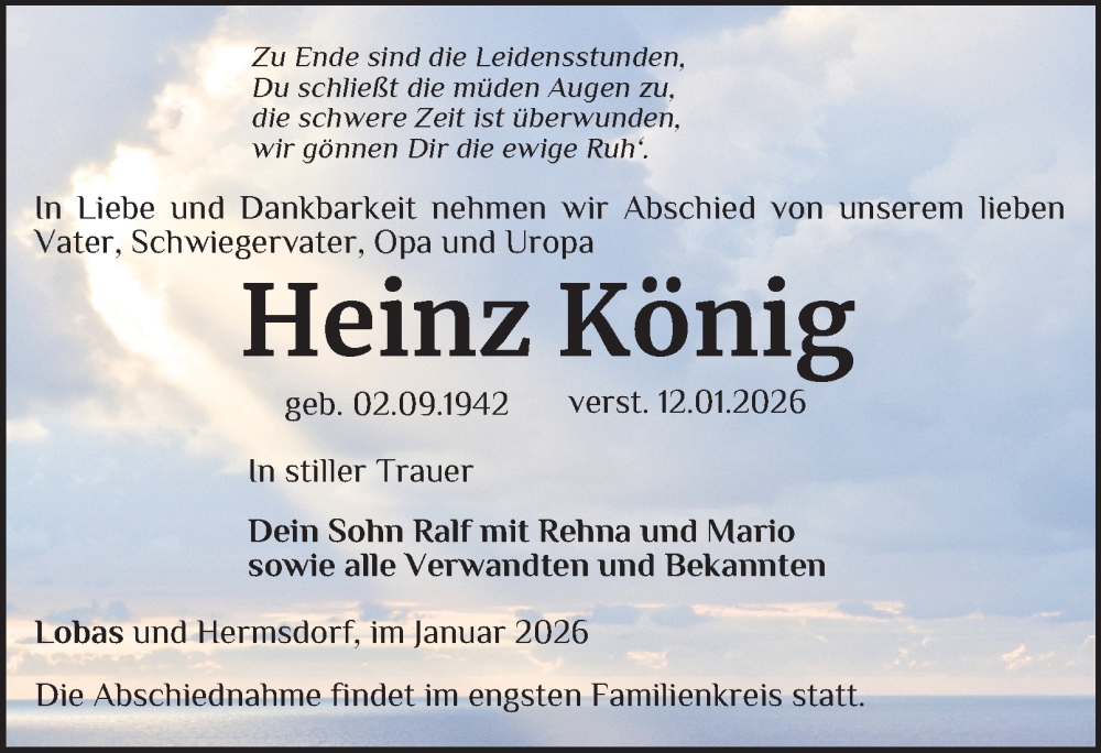  Traueranzeige für Heinz König vom 24.01.2026 aus Ostthüringer Zeitung