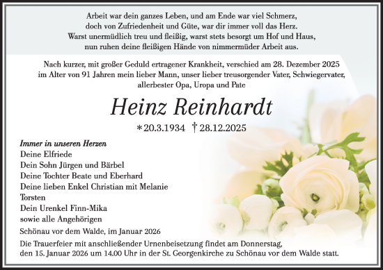 Traueranzeige von Heinz Reinhardt von Thüringer Allgemeine, Thüringische Landeszeitung