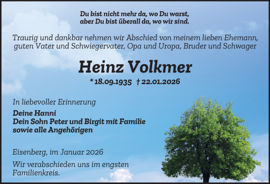 Traueranzeige von Heinz Volkmer von Ostthüringer Zeitung