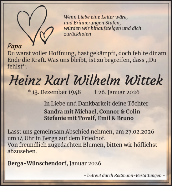 Traueranzeige von Heinz Karl Wilhelm Wittek von Ostthüringer Zeitung