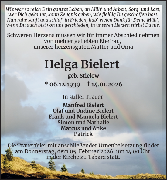 Traueranzeige von Helga Bielert von Thüringer Allgemeine, Thüringische Landeszeitung