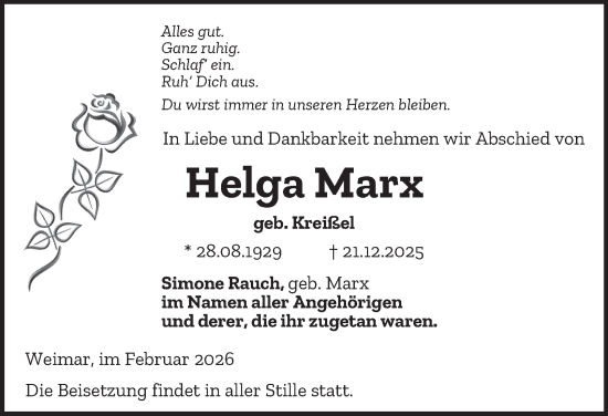 Traueranzeige von Helga Marx von Thüringer Allgemeine, Thüringische Landeszeitung