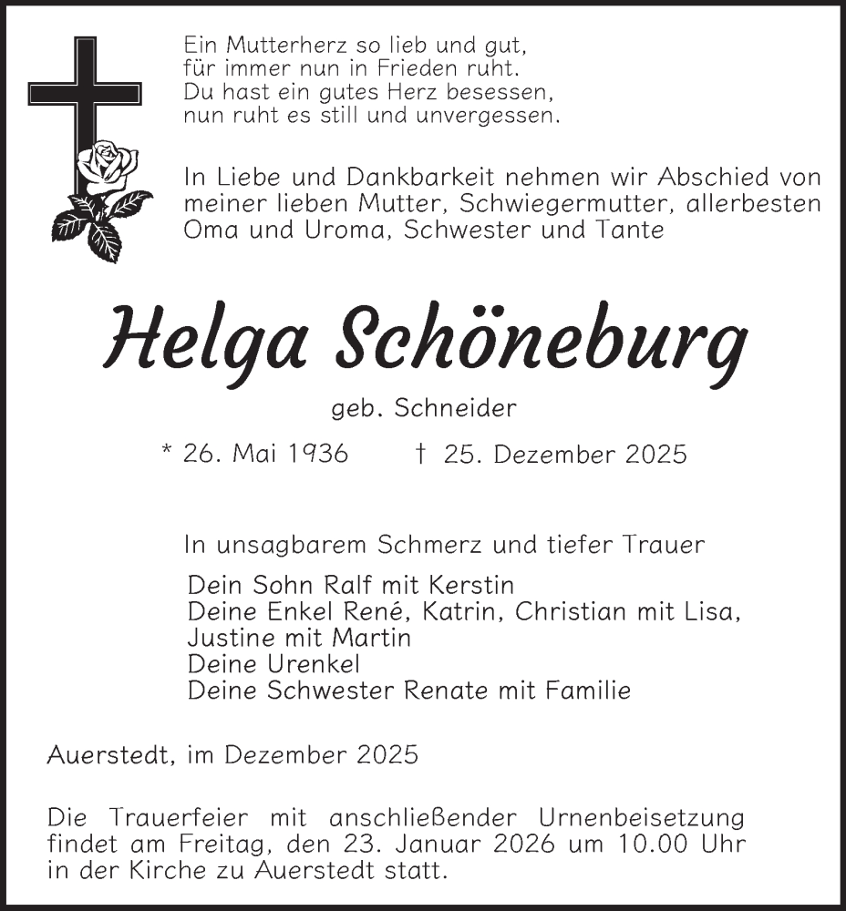  Traueranzeige für Helga Schöneburg vom 17.01.2026 aus Thüringer Allgemeine, Thüringische Landeszeitung