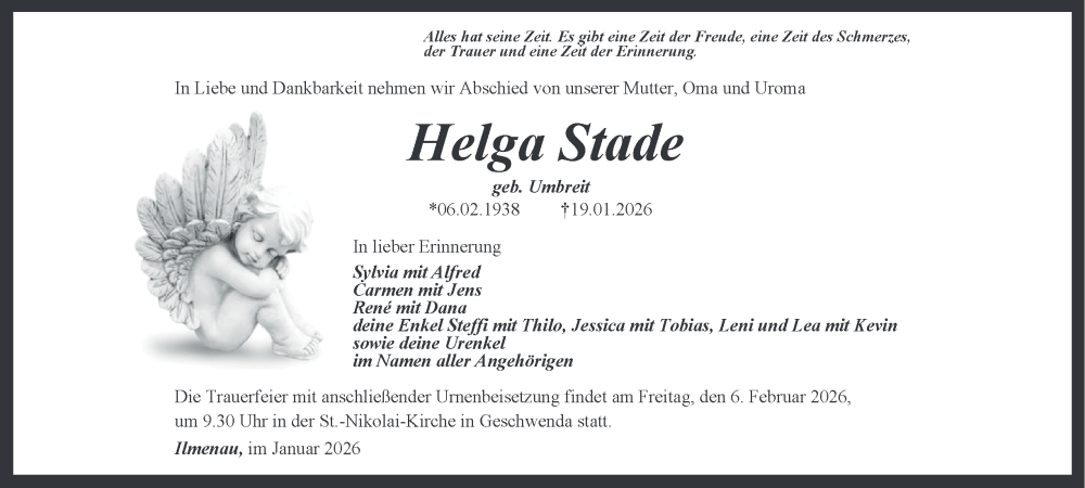  Traueranzeige für Helga Stade vom 31.01.2026 aus Thüringer Allgemeine