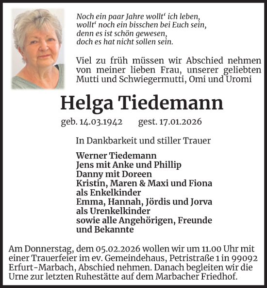 Traueranzeige von Helga Tiedemann von Thüringer Allgemeine, Thüringische Landeszeitung