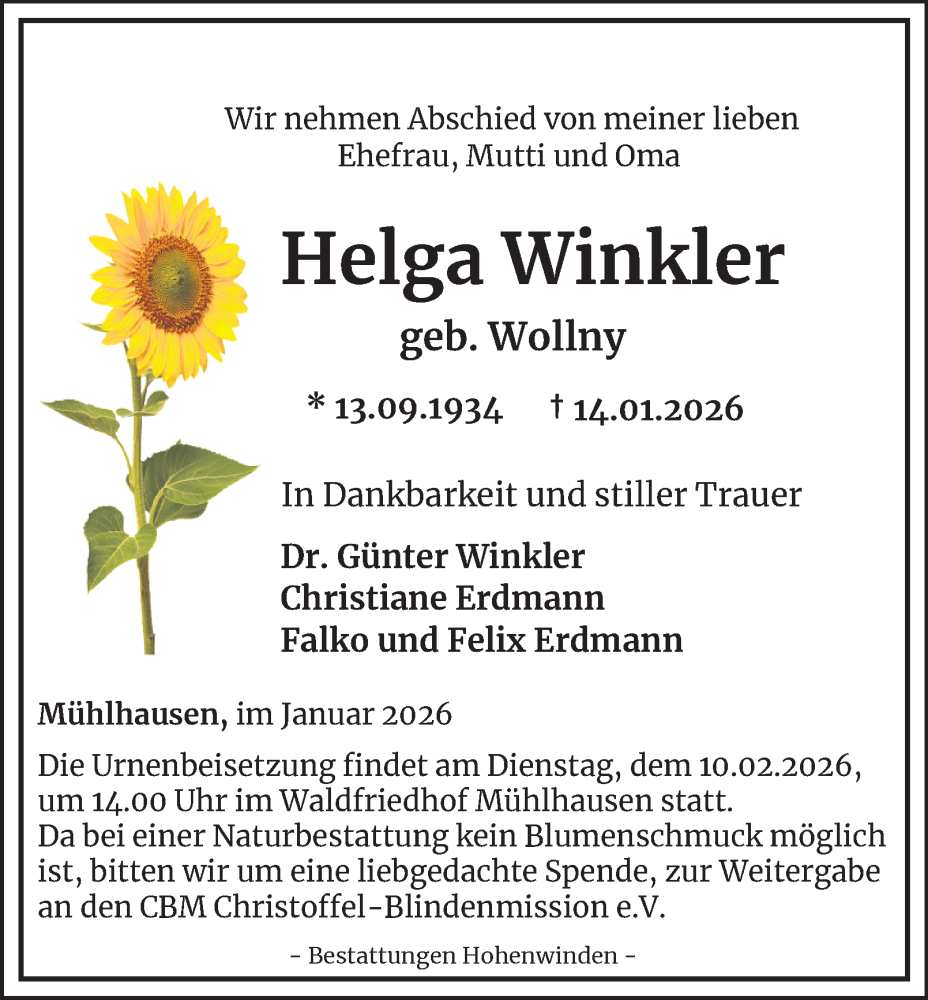  Traueranzeige für Helga Winkler vom 24.01.2026 aus Thüringer Allgemeine, Thüringische Landeszeitung