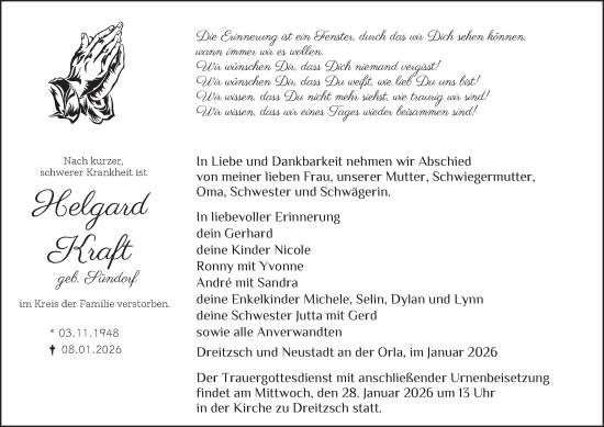 Traueranzeige von Helgard Kraft von Ostthüringer Zeitung