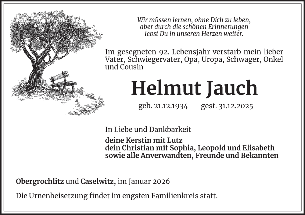  Traueranzeige für Helmut Jauch vom 09.01.2026 aus Ostthüringer Zeitung