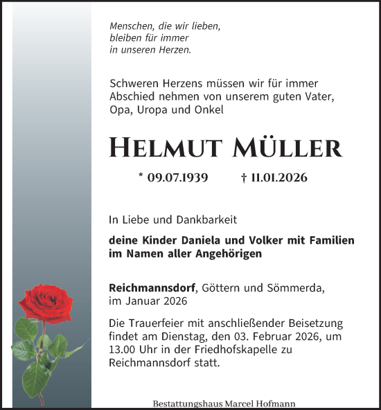 Traueranzeige von Helmut Müller von Ostthüringer Zeitung