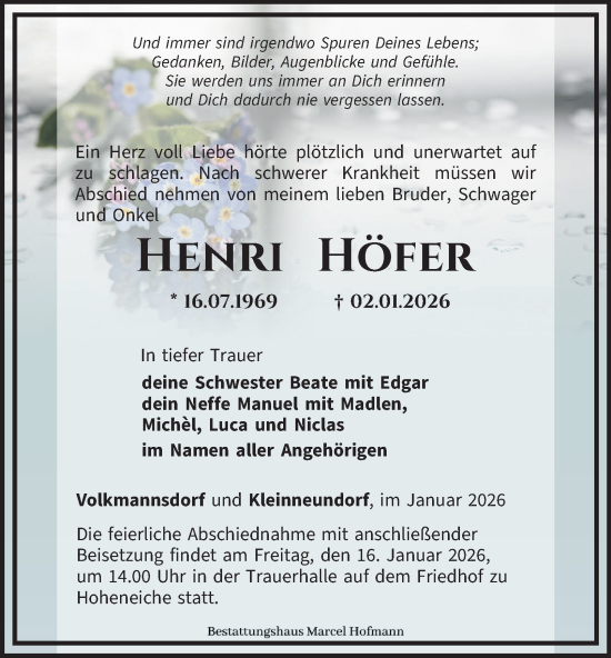 Traueranzeige von Henri Höfer von Ostthüringer Zeitung