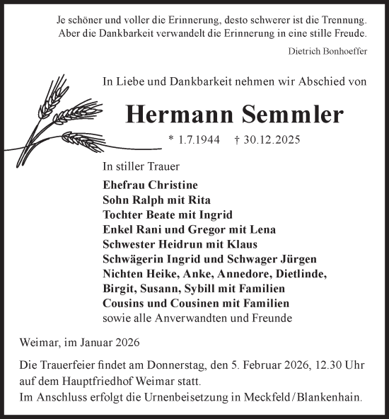 Traueranzeige von Hermann Semmler von Thüringer Allgemeine, Thüringische Landeszeitung