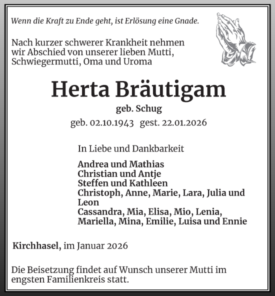 Traueranzeige von Herta Bräutigam von Ostthüringer Zeitung