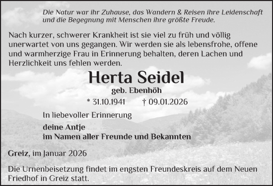 Traueranzeige von Herta Seidel von Ostthüringer Zeitung