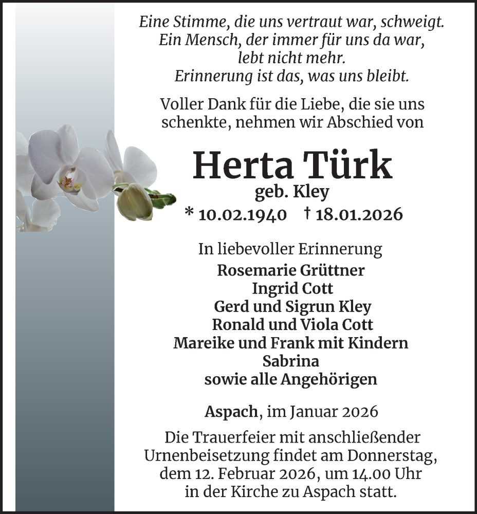  Traueranzeige für Herta Türk vom 24.01.2026 aus Thüringer Allgemeine, Thüringische Landeszeitung