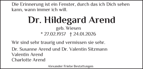 Traueranzeige von Hildegard Arend von Thüringer Allgemeine, Thüringische Landeszeitung