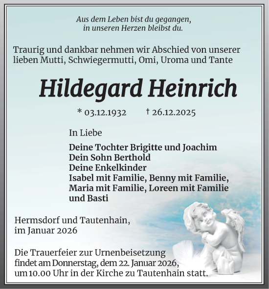 Traueranzeige von Hildegard Heinrich von Ostthüringer Zeitung