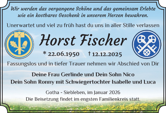 Traueranzeige von Horst Fischer von Thüringer Allgemeine, Thüringische Landeszeitung