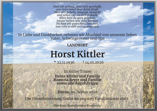 Traueranzeige von Horst Kittler von Ostthüringer Zeitung