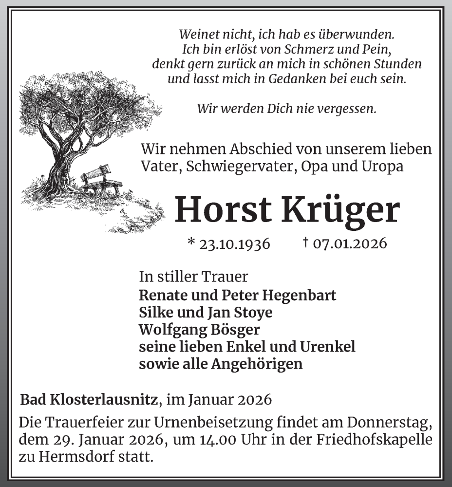  Traueranzeige für Horst Krüger vom 24.01.2026 aus Ostthüringer Zeitung