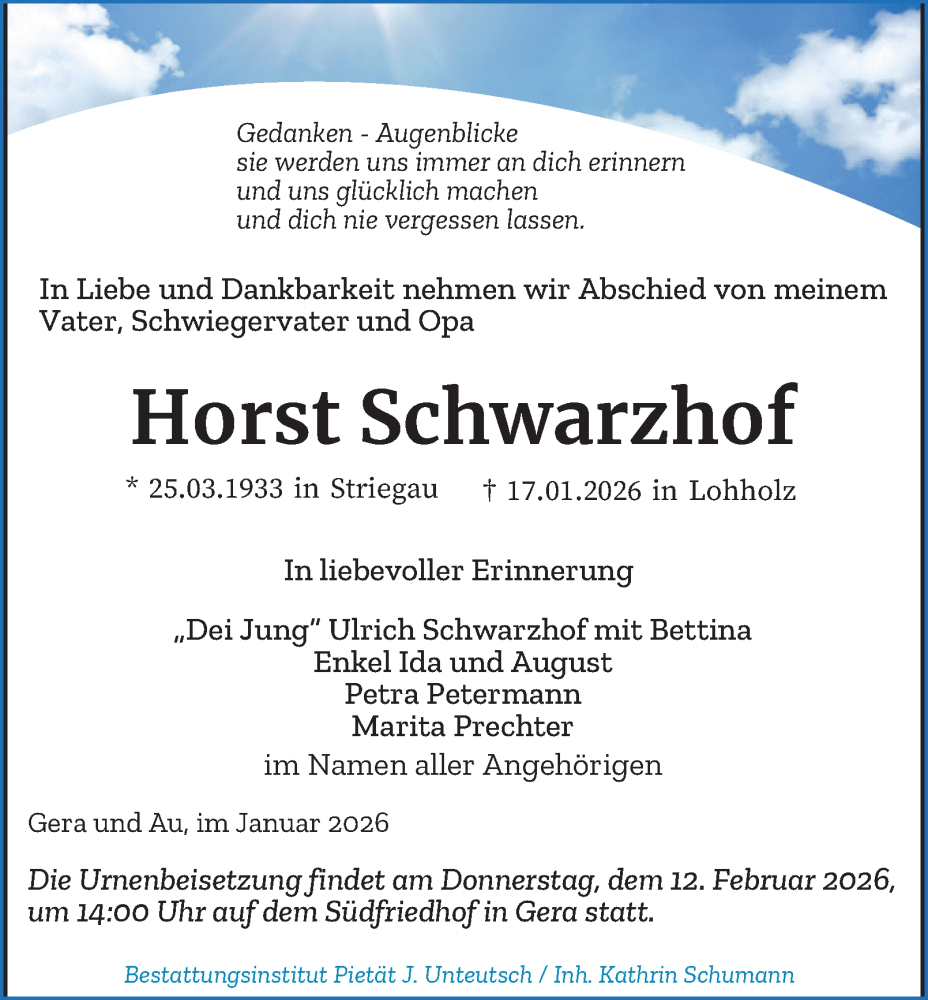  Traueranzeige für Horst Schwarzhof vom 31.01.2026 aus Ostthüringer Zeitung