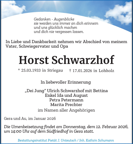 Traueranzeige von Horst Schwarzhof von Ostthüringer Zeitung